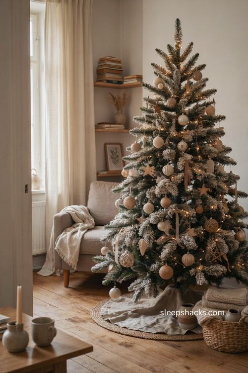 Beige flocked Christmas tree with warm neutral ornaments and cozy holiday decor