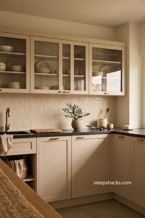 Beige kitchen with black countertops glass cabinets and pale tile backsplash 