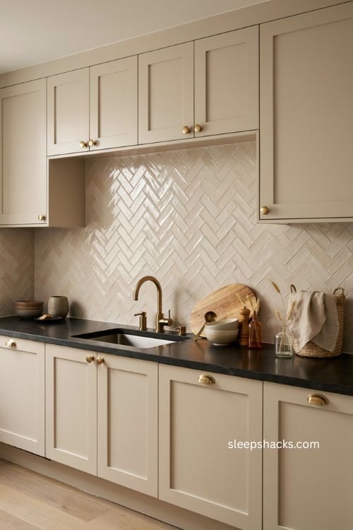 Beige kitchen with chevron tile black countertops and gold hardware 