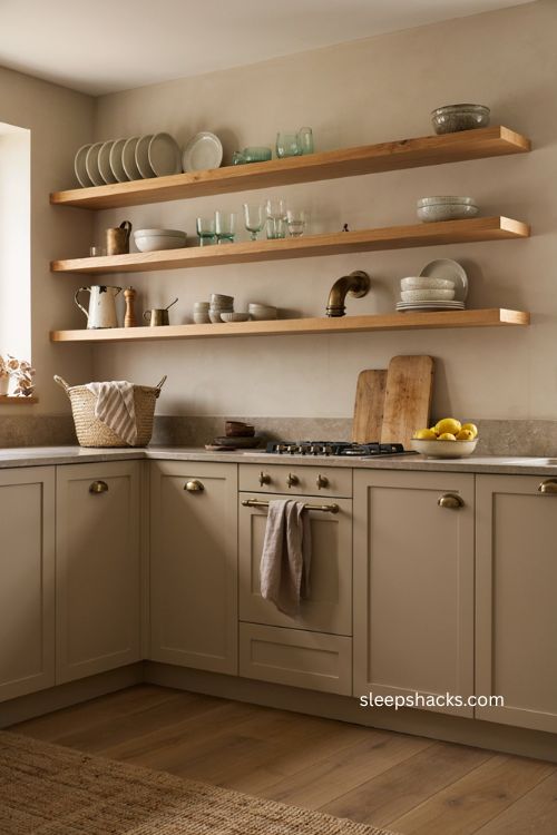 Beige kitchen with open wood shelves brass faucet and collected vintage dishware 