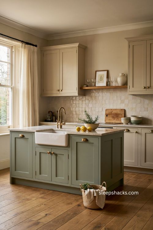 Beige kitchen with sage green olive accents brass hardware and farmhouse charm 