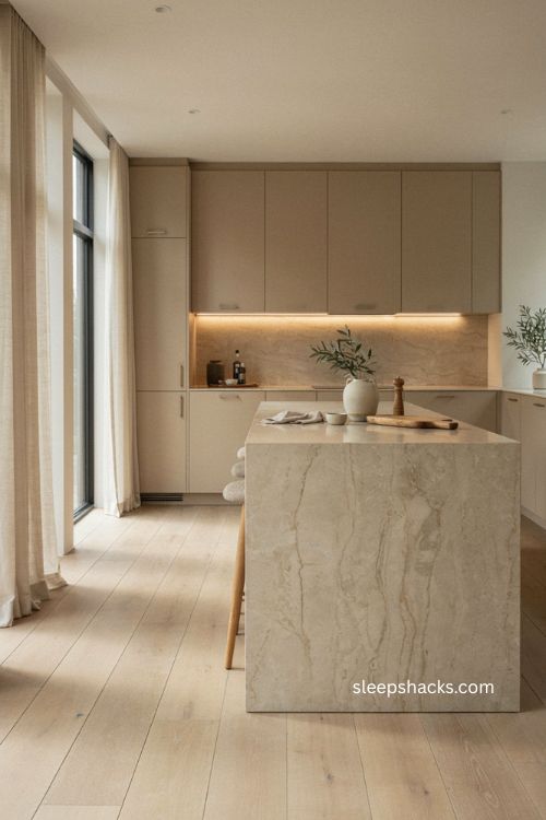 Beige kitchen with veined waterfall stone island and woven stools 