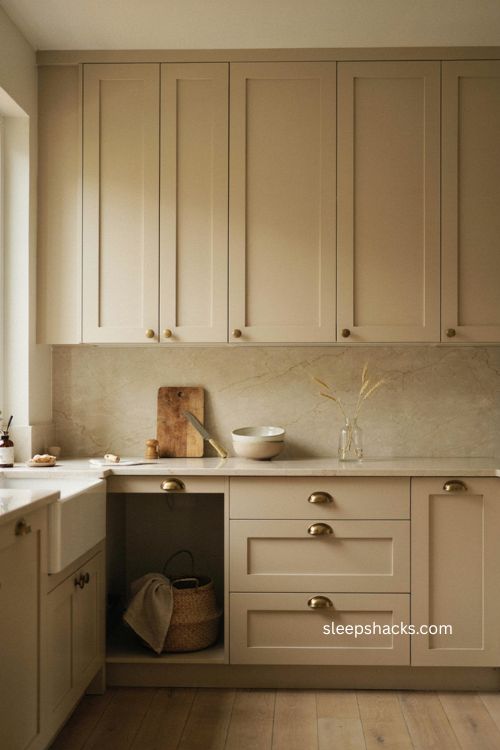 Beige kitchen with warm brass hardware marble backsplash and timeless warmth 