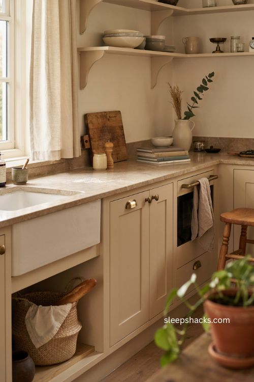 Beige kitchen with warm neutral cabinets natural wood and timeless farmhouse charm 
