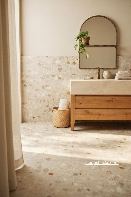 Beige terrazzo bathroom with subtle texture and elegant movement