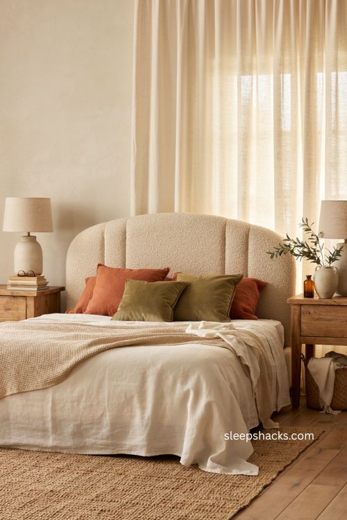 Beige upholstered headboard bedroom with white bedding rust pillows and olive accents 