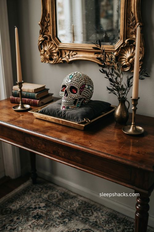Bejeweled skull on velvet cushion with brass tray for glamorous Halloween decor