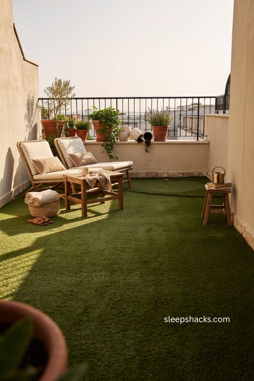 Big balcony ideas with faux grass turf garden flooring outdoor seating and lush planters 