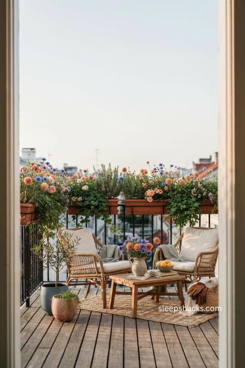 Big balcony ideas with flower boxes along railing overflowing blooms and colorful outdoor greenery 