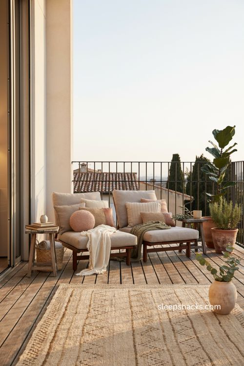 Big balcony ideas with layered rugs knit throws textured cushions and cozy lived in outdoor decor 