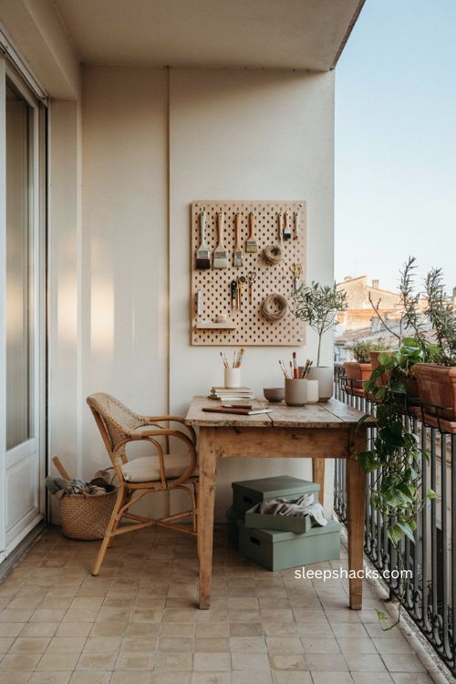 Big balcony ideas with outdoor craft table hobby corner pegboard storage and natural daylight 