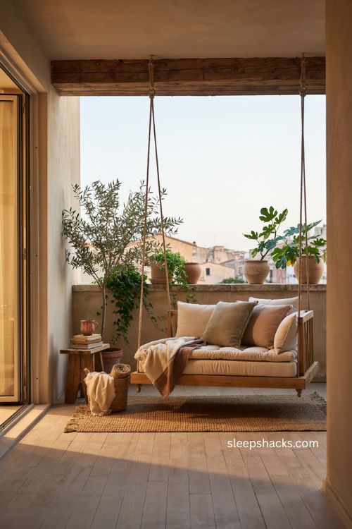 Big balcony ideas with suspended daybed hanging swing cozy cushions and relaxing outdoor seating 