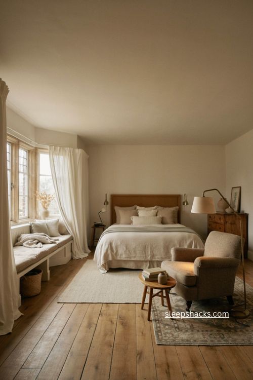 Big bedroom ideas with cozy reading nook armchair and bay window bench