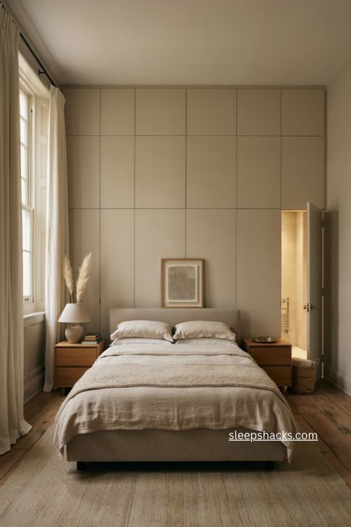 Big bedroom ideas with fitted wardrobes hiding a seamless en suite entrance