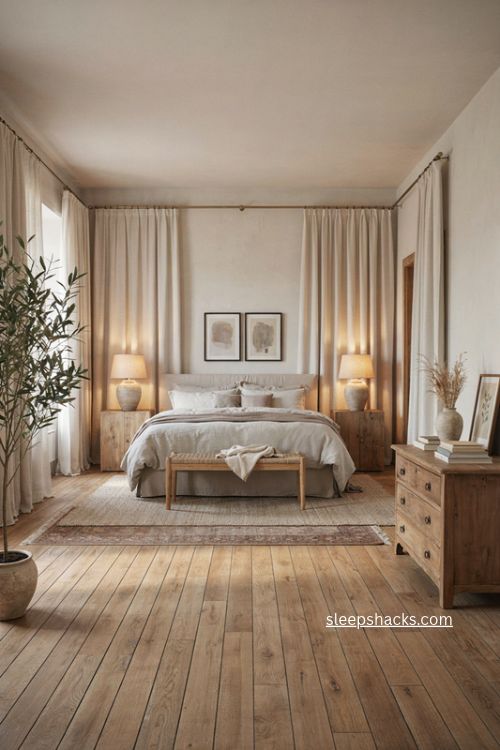 Big bedroom ideas with floor to ceiling drapery and tall windows