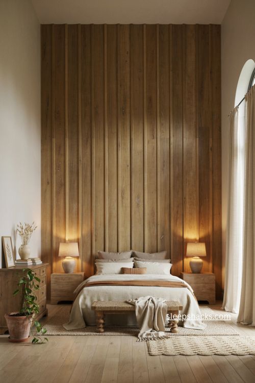 Big bedroom ideas with floor to ceiling wood paneled statement headboard wall
