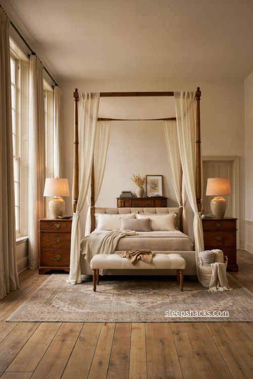 Big bedroom ideas with four poster canopy bed and romantic linen drapes