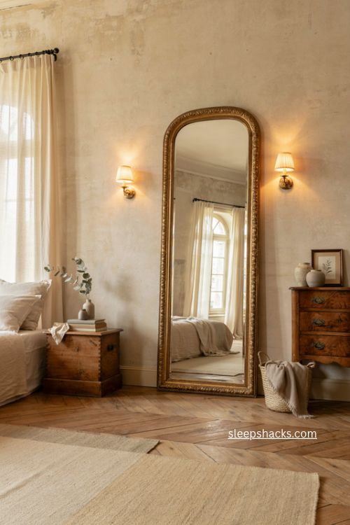Big bedroom ideas with large antique floor mirror and matching wall sconces