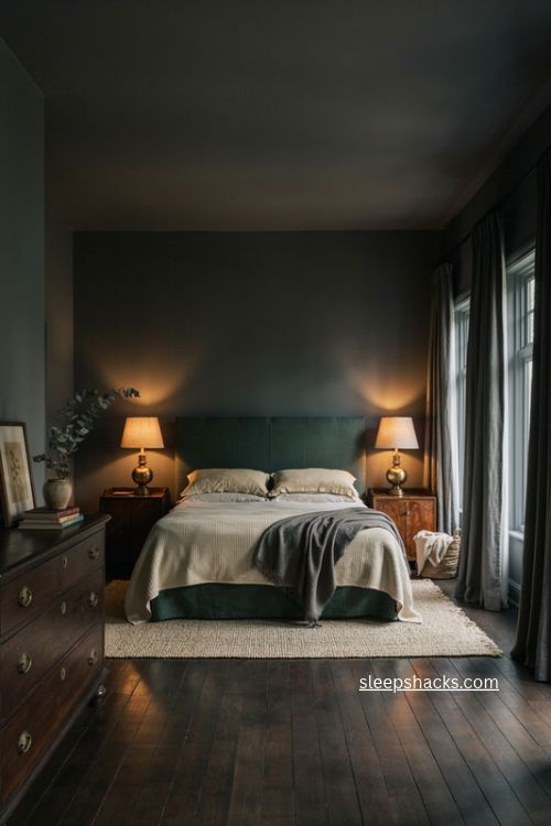 Big bedroom ideas with moody dark green charcoal walls and cozy cream accents