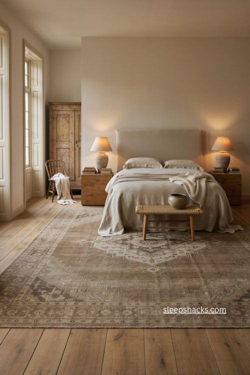 Big bedroom ideas with oversized area rug vintage armoire and cozy bed