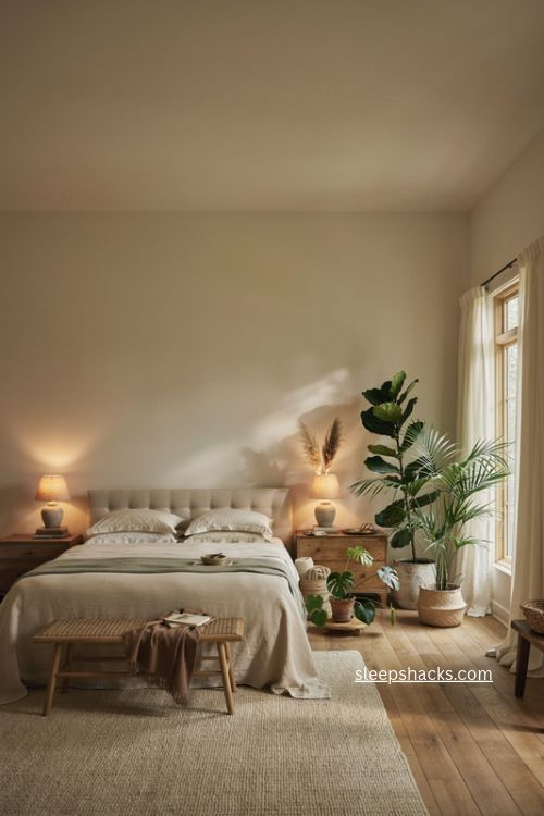 Big bedroom ideas with oversized plants fiddle leaf fig and cozy natural decor