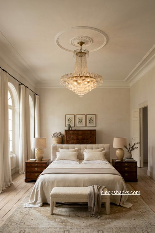 Big bedroom ideas with statement crystal chandelier and elegant layered decor