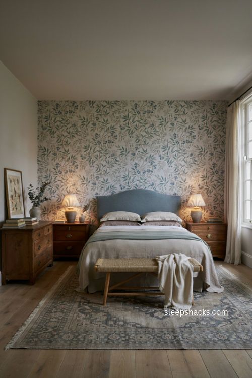 Big bedroom ideas with textured wallpaper headboard wall and cozy bedding