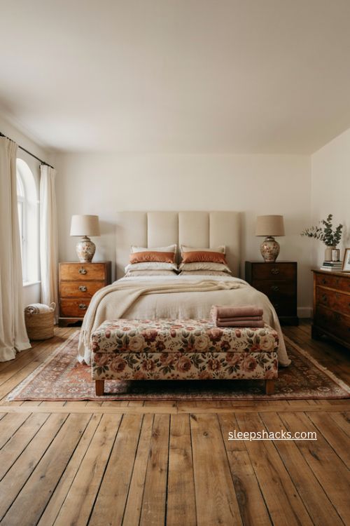 Big bedroom ideas with upholstered bench at foot of bed and layered decor