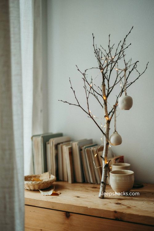 Birch branch mini Christmas tree with warm lights on bookshelf