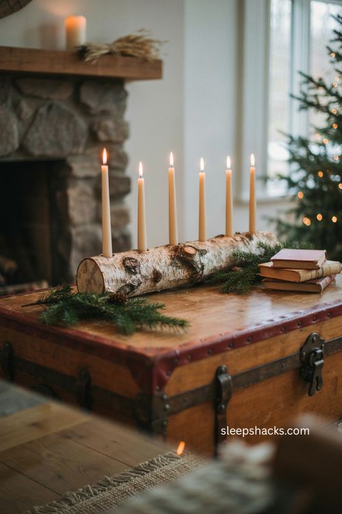 Birch log taper candle holder christmas coffee table decor 