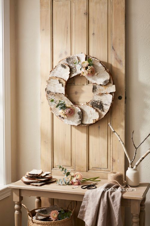 Birch slice and bloom wreath Thanksgiving door decor with layered birch bark and neutral faux flowers 