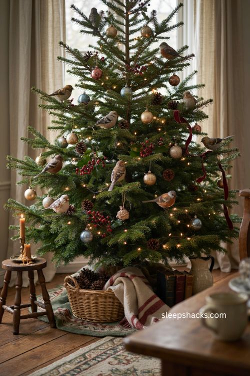 Bird Christmas ornaments perched on evergreen branches with pinecones berries and gold 