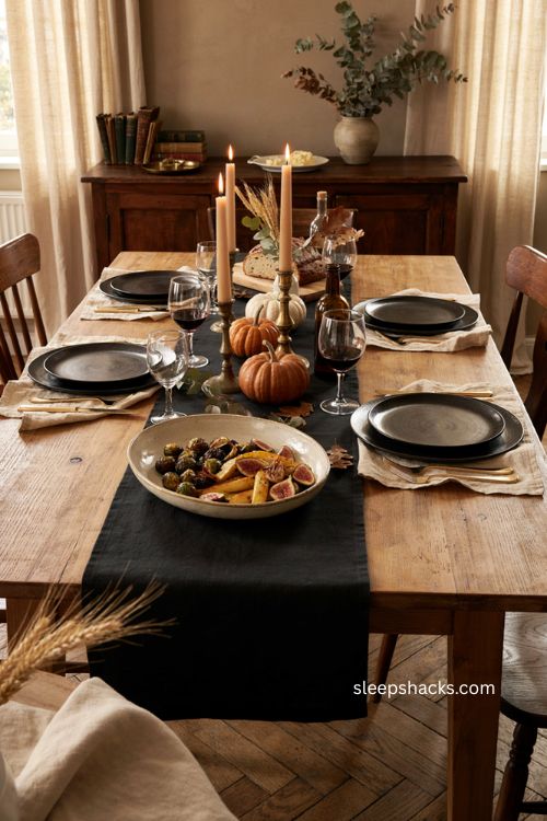 Black Thanksgiving dinner plates with cream chargers gold flatware and autumn table decor 