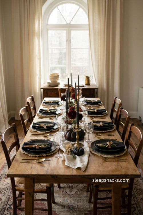 Black Thanksgiving napkins tied with gold ribbon rosemary and dried wheat 