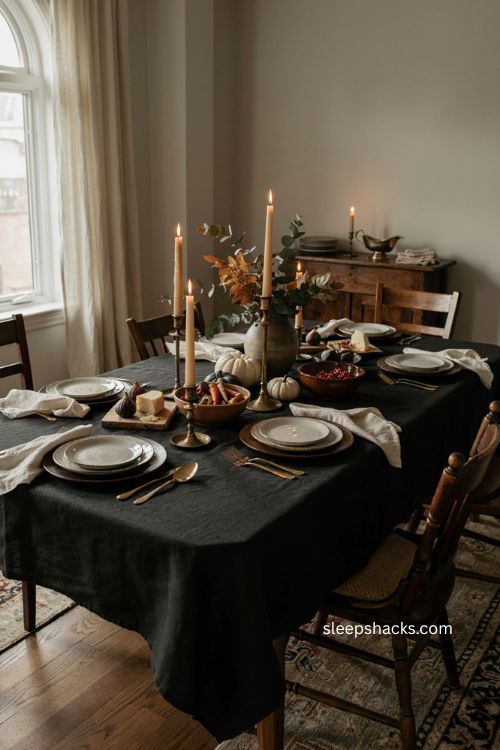Black Thanksgiving table with cream linens aged brass candlesticks and warm autumn decor