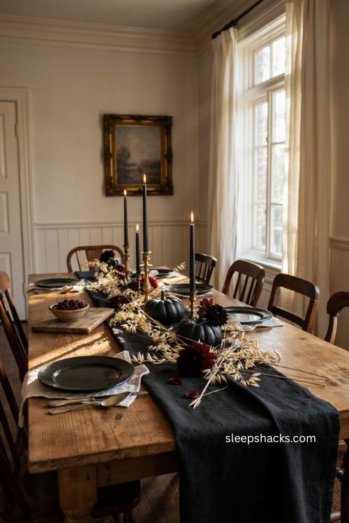 Black Thanksgiving table with dried wheat burgundy flowers and gold candlelight 