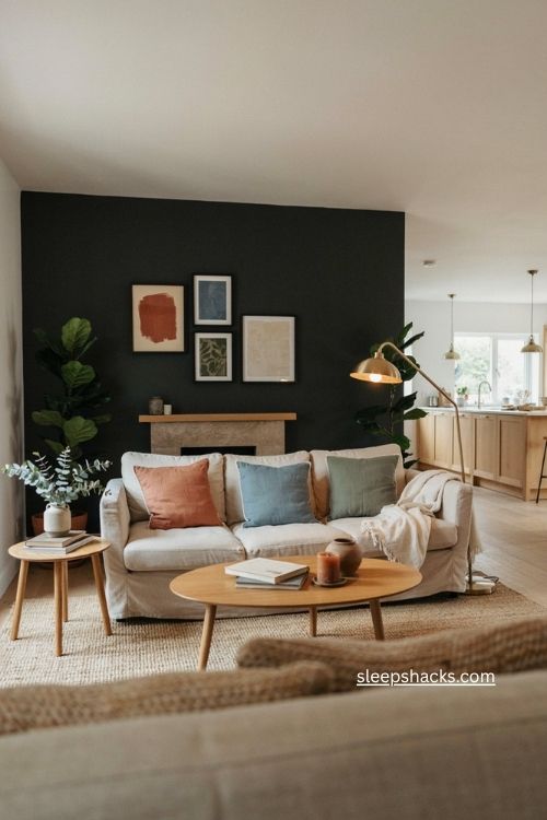 Black accent wall open concept living room with fireplace colorful art and warm neutral decor 