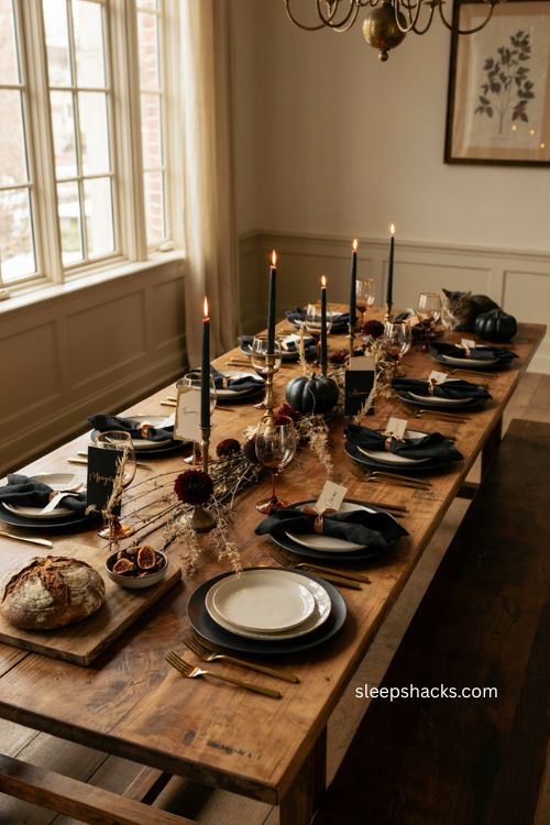 Black and gold Thanksgiving place cards with dried wheat and mini pumpkins 
