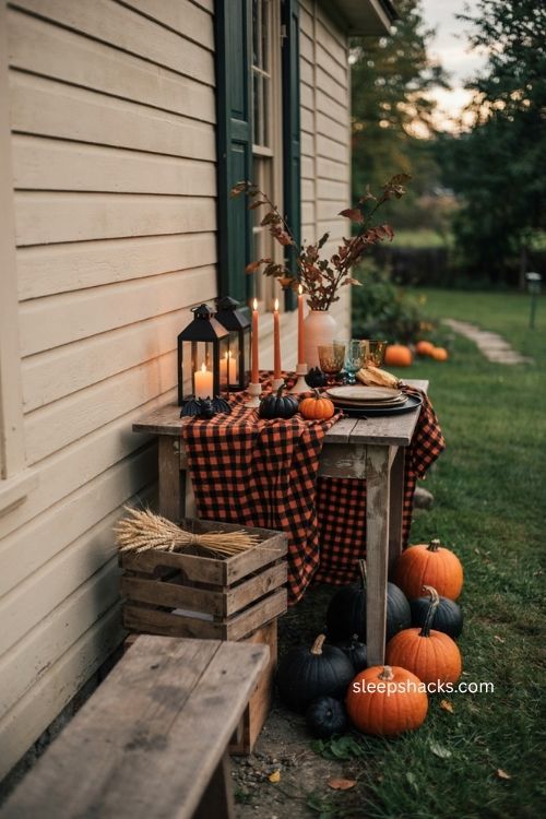 Black and orange backyard Halloween party decor with cozy farmhouse style 