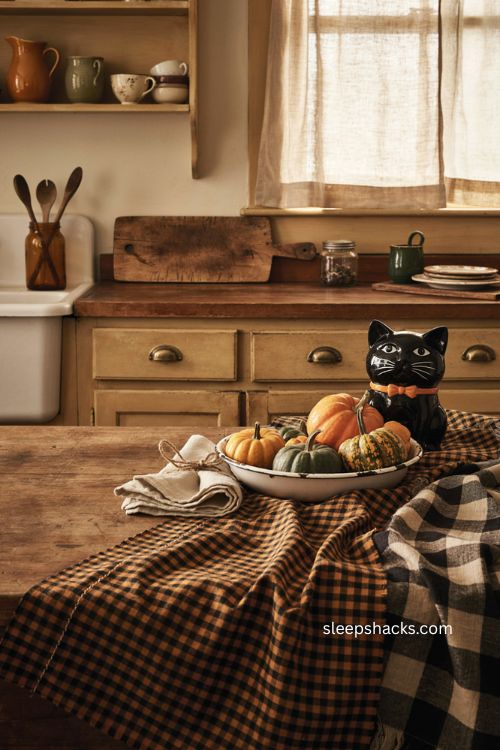 Black and orange gingham textiles for a cozy vintage Halloween kitchen 