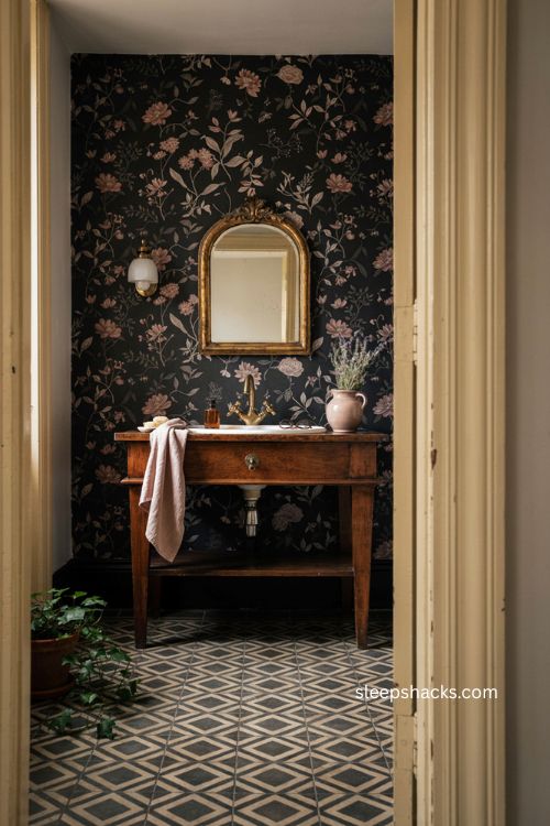Black and pink vintage bathroom with floral wallpaper antique furniture and gold accents