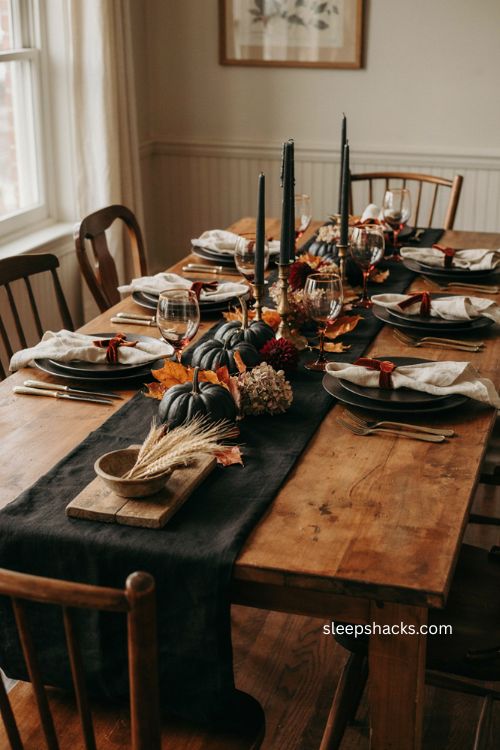 Black and rust Thanksgiving table with burnt orange accents pumpkins and gold details 