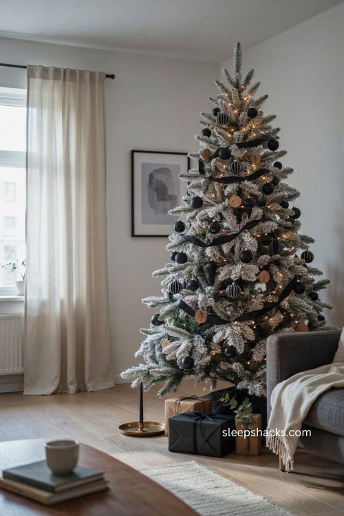 Black and white Christmas tree decor ideas with flocked branches