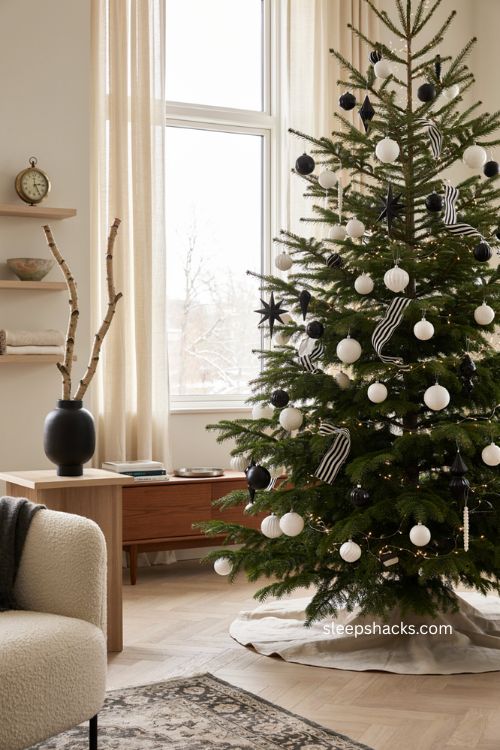 Black and white Christmas tree with modern geometric ornaments and minimalist decor 