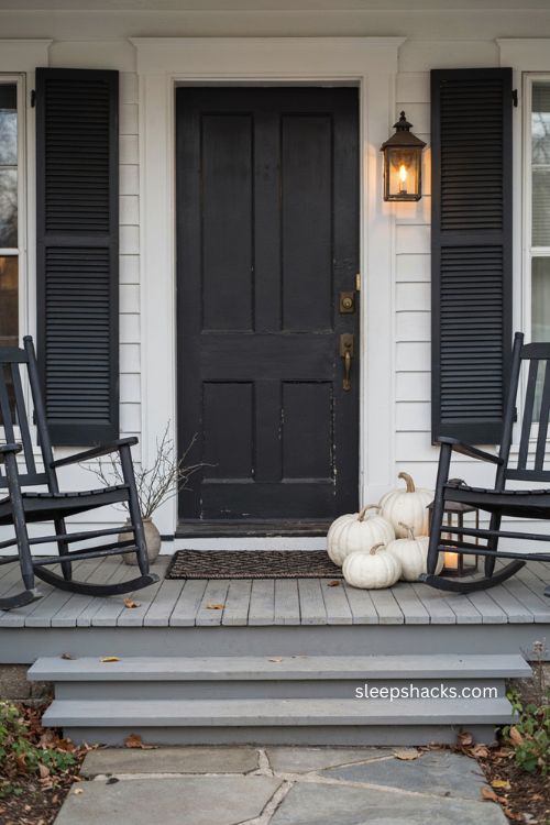 Black and white Thanksgiving porch with white pumpkins and dark rocking chairs 