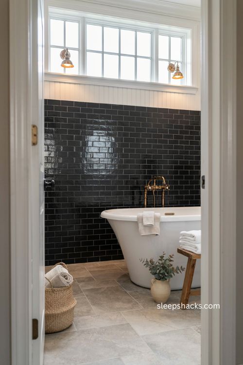 Black and white bathroom with freestanding tub subway tile and shiplap