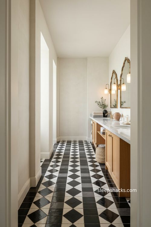 Black and white chessboard bathroom with Moroccan mirrors and granite vanity