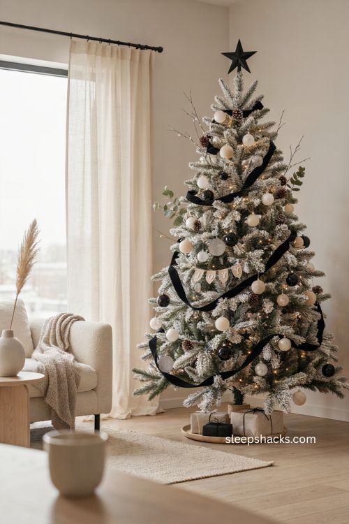 Black and white frosted Christmas tree with velvet ribbon and modern decor