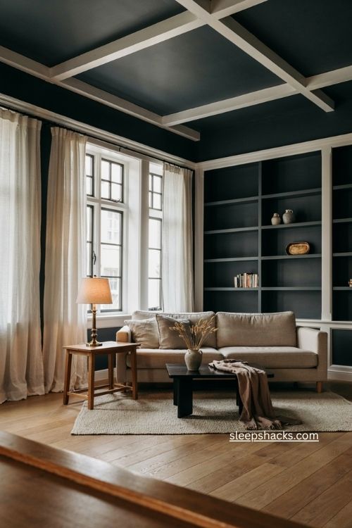 Black and white living room with dark walls white trim warm wood and brass accents 