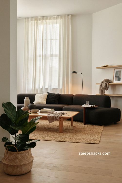 Black and white modern living room with sculptural furniture and clean lines 